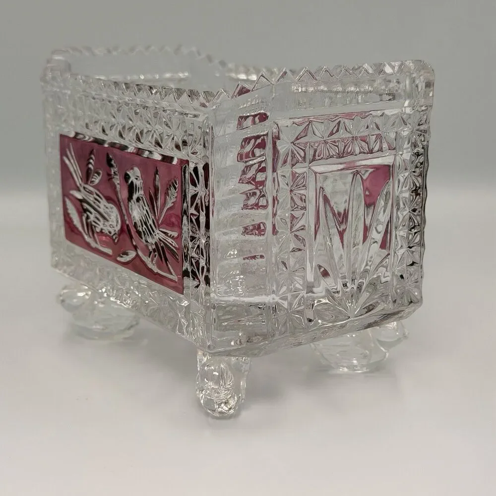 Hofbauer Byrdes Ruby Red Bird 4-Footed Bowl Trinket Candy Dish 24% Lead Crystal